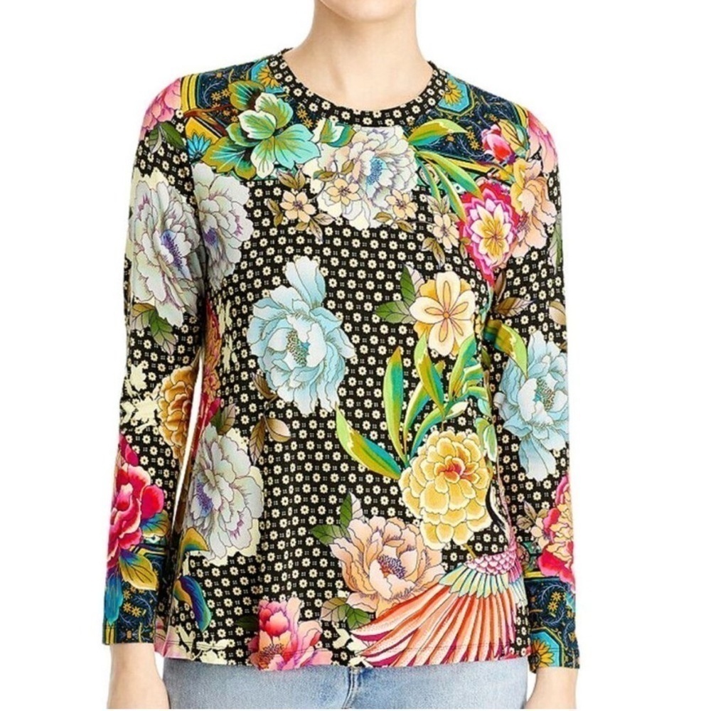 Johnny Was Fagan Favorite Long Sleeve Tee Shirt Soft Top Black with Floral Print